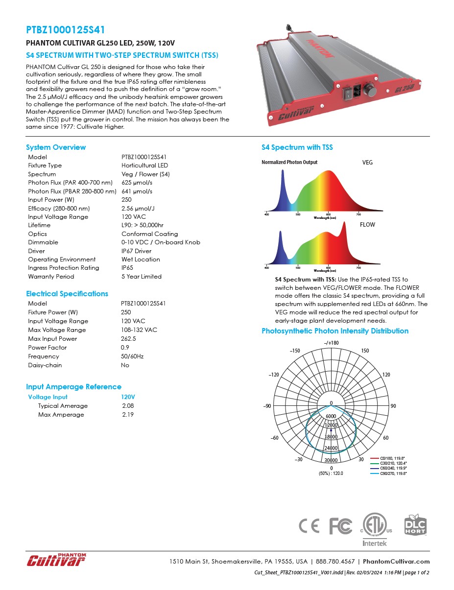 PHANTOM Cultivar GL250 Cut Sheet